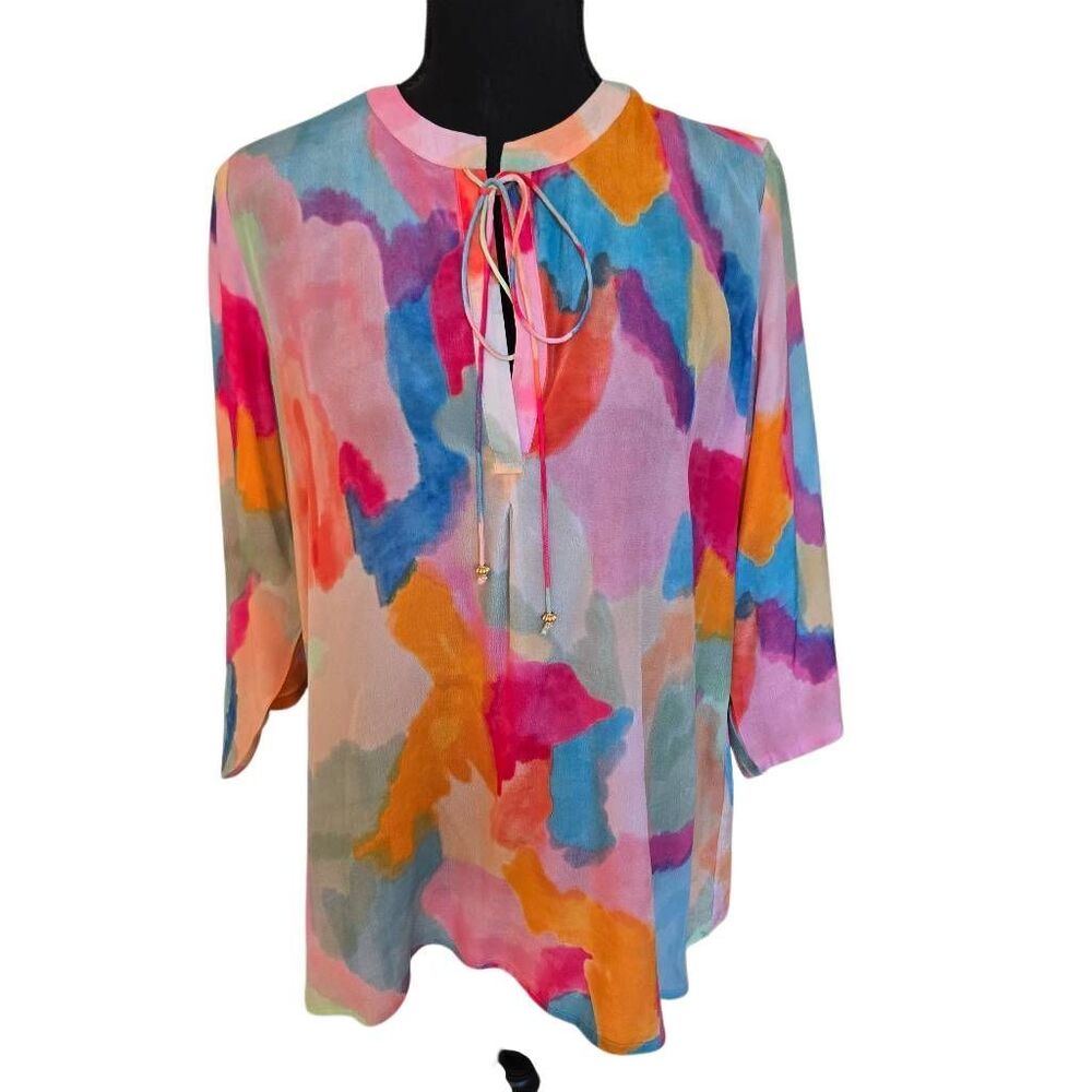 APNY Womens Watercolor Tie Neck 3/4 Sleeve Blouse Top Multicolor Size Medium